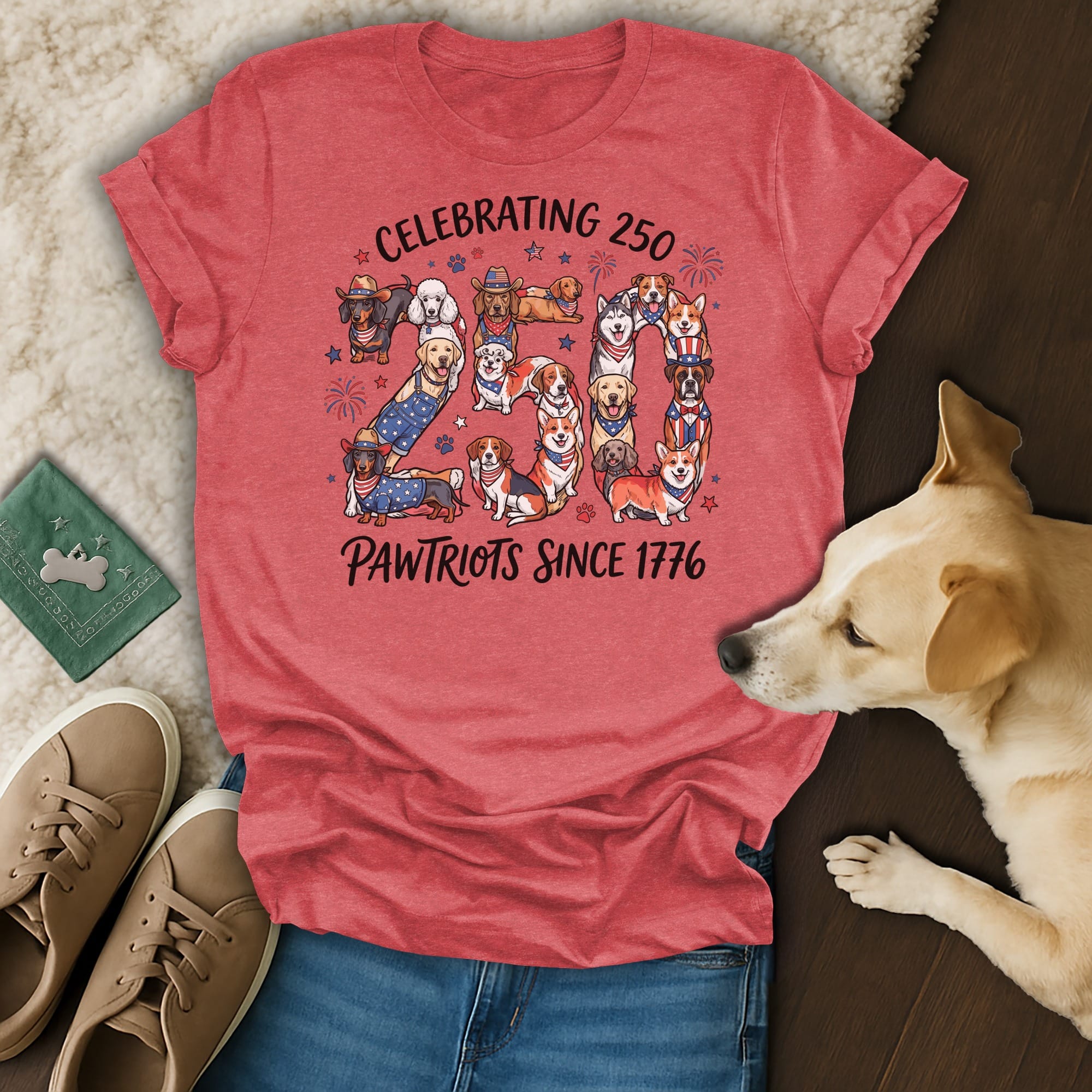 T-shirt celebrating 250 Pawtriots since 1776 with dogs in patriotic attire.