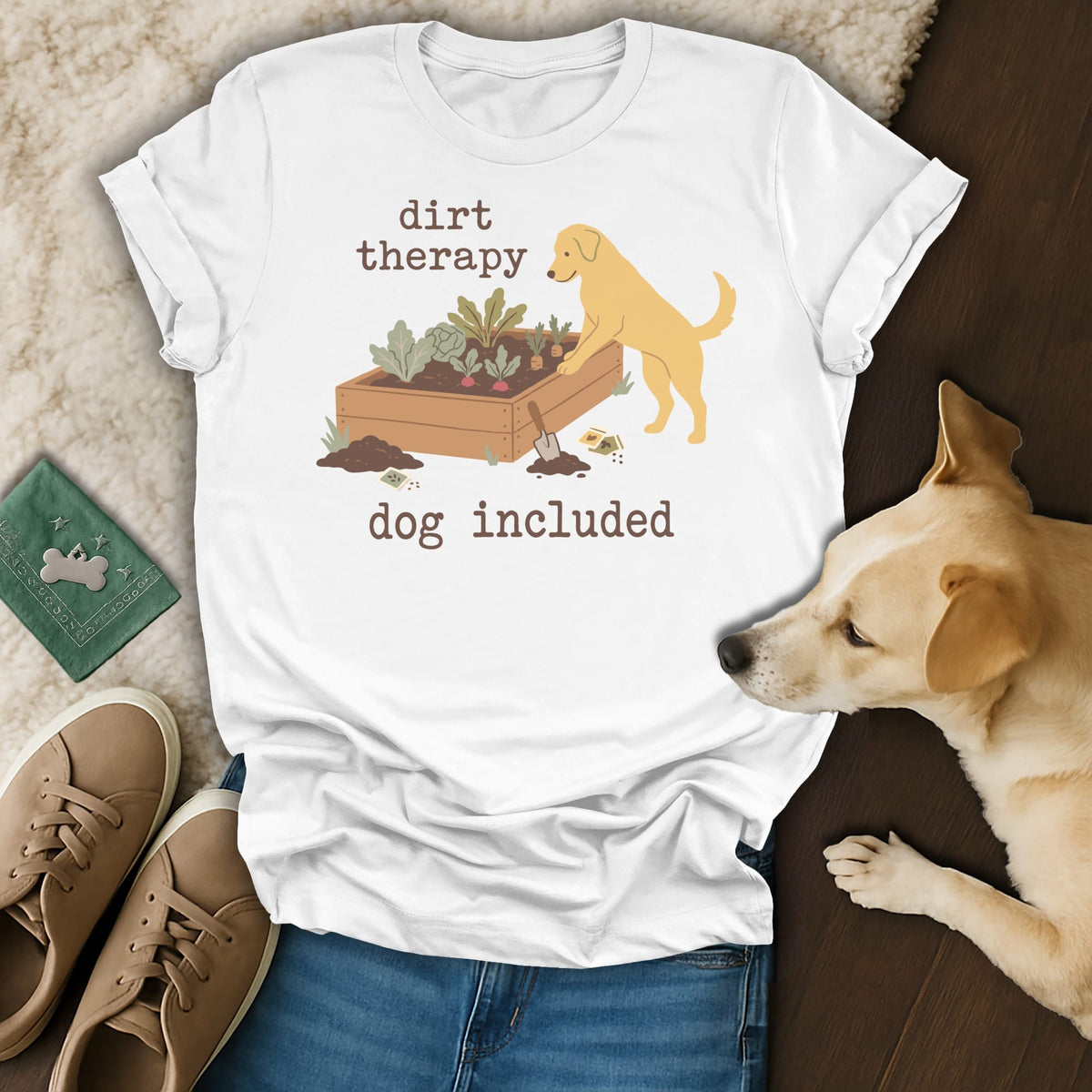 White t-shirt with "dirt therapy dog included" text and gardening dog graphic.
