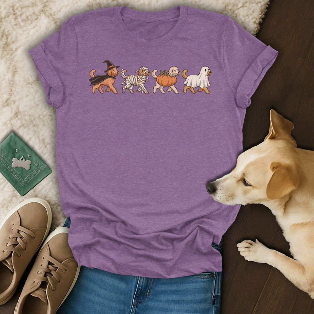 Purple t-shirt with cartoon dogs in Halloween costumes: witch, mummy, pumpkin, and ghost.