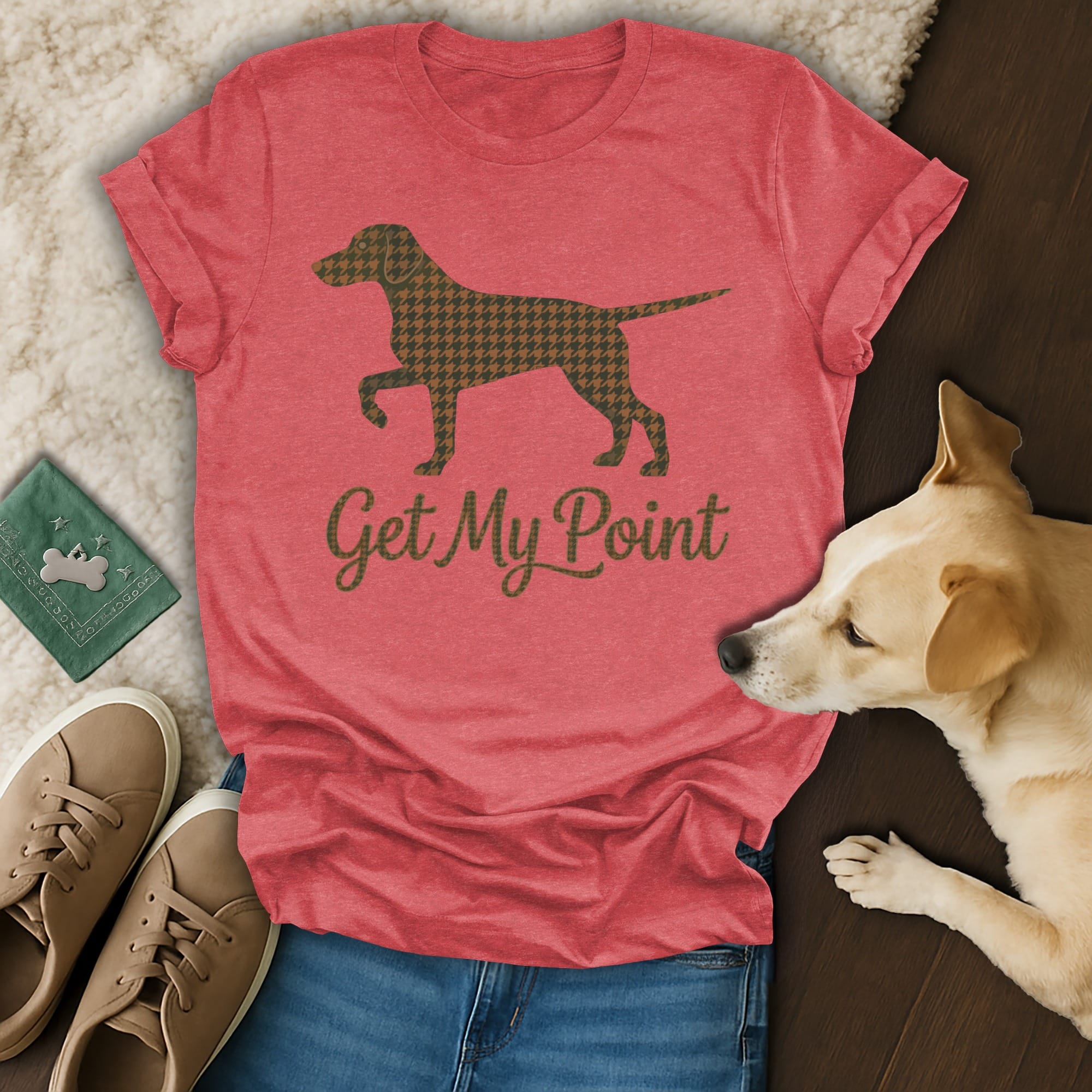 Red t-shirt with dog silhouette and "Get My Point" text.
