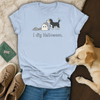 Light blue t-shirt with graphic of dog digging a ghost and text "I dig Halloween."