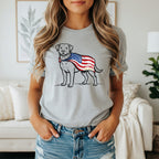 Labrador dog wearing an American flag bandana, text "250 Years" on flag.