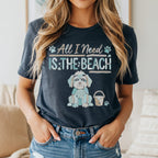 Dark t-shirt with "All I Need IS THE BEACH" graphic and a sitting dog.