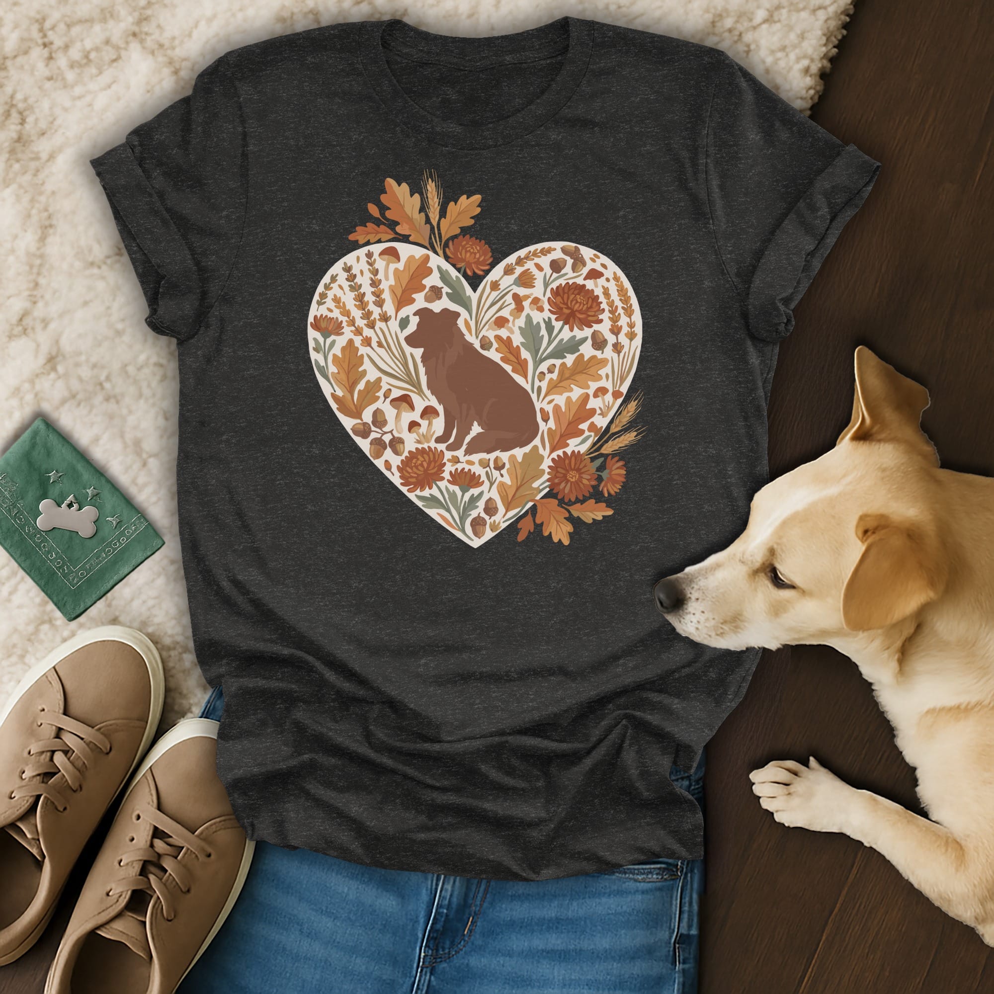 Dark grey t-shirt featuring a heart illustration filled with fall foliage and a sitting dog.
