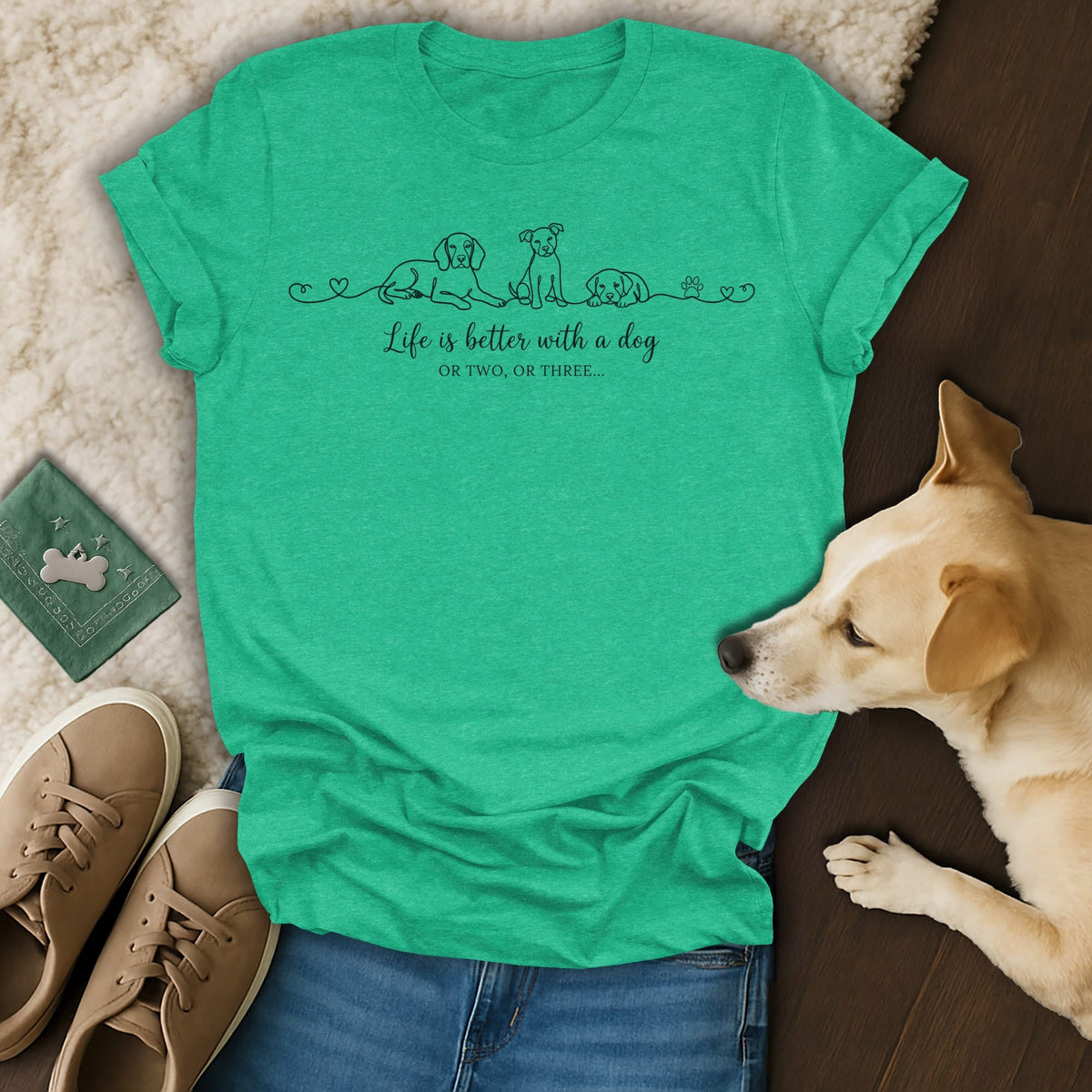 Green t-shirt with dog line art and text: "Life is better with a dog OR TWO, OR THREE..."