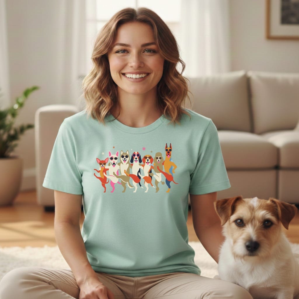Light green t-shirt with a colorful cartoon dog parade graphic and a terrier mix dog.