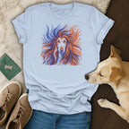 T-shirt with artistic illustration of an Afghan hound's head and flowing mane.