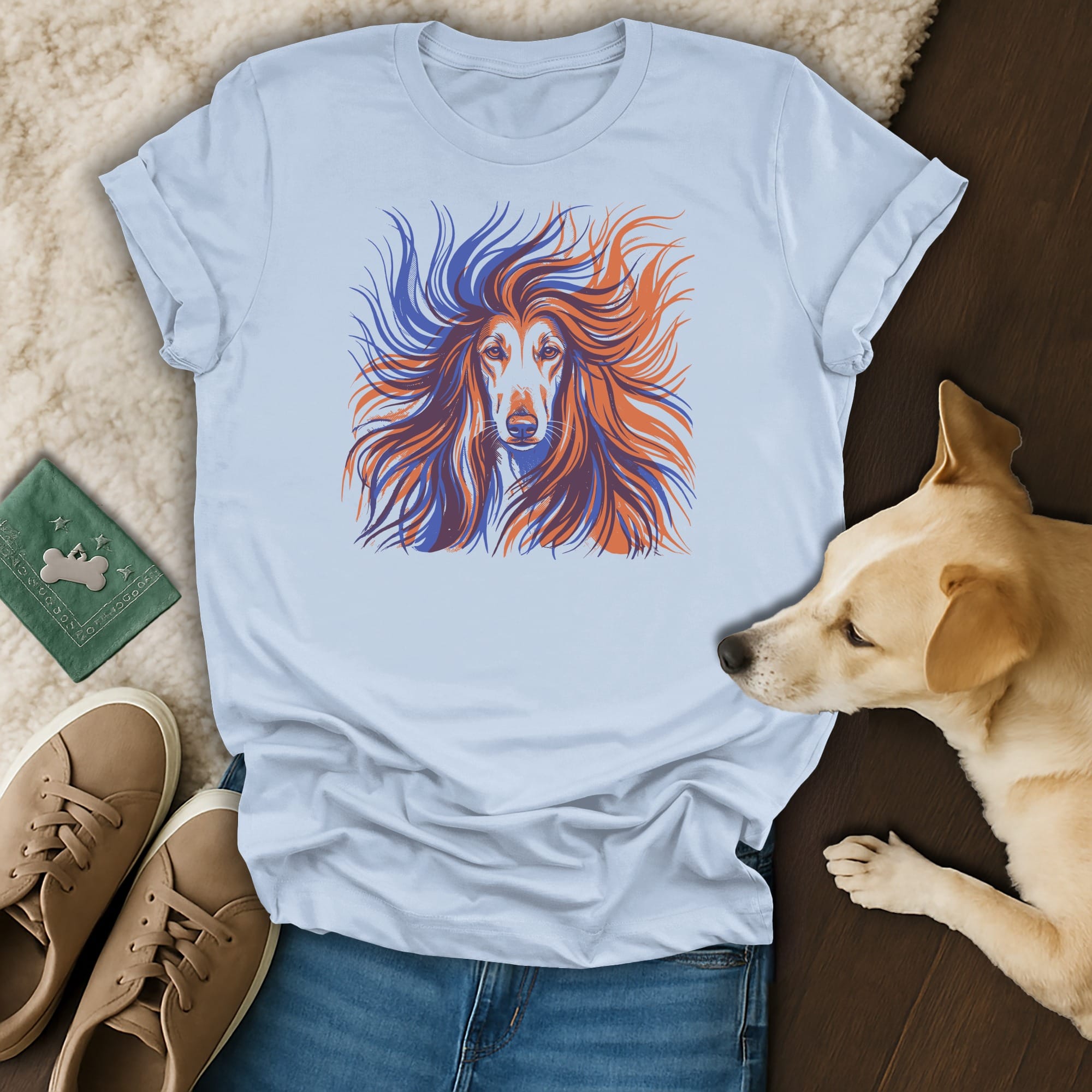 T-shirt with artistic illustration of an Afghan hound's head and flowing mane.