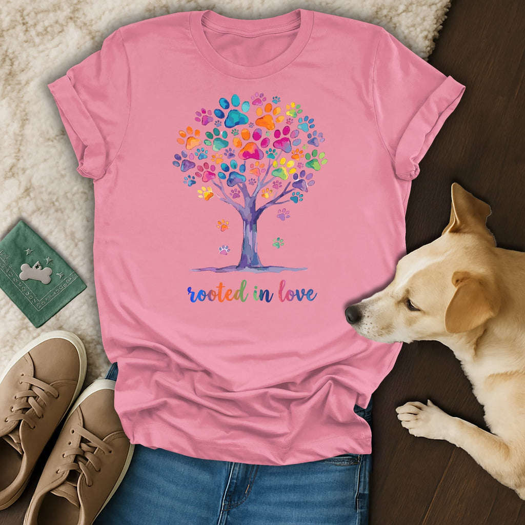 Pink t-shirt with a colorful paw print tree and text "rooted in love".