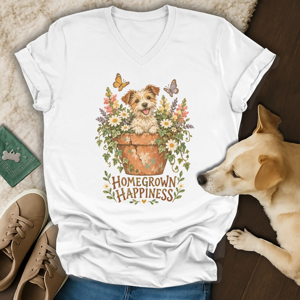 A white V-neck t-shirt featuring a graphic of a puppy in a flower pot with butterflies and the text "Homegrown Happiness."