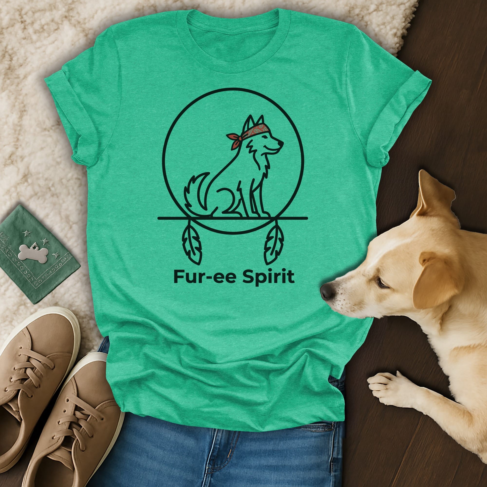 Green t-shirt with a circle logo of a wolf wearing a bandana, with text "Fur-ee Spirit".