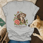Heather gray V-neck T-shirt featuring a botanical illustration of a senior dog and pink roses with text.