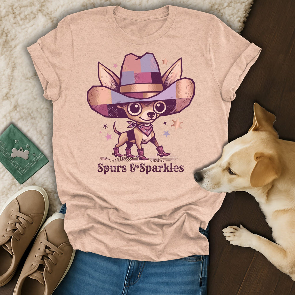 Chihuahua in cowboy hat and boots with "Spurs & Sparkles" text.
