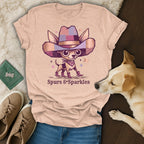 Chihuahua in cowboy hat and boots with "Spurs & Sparkles" text.