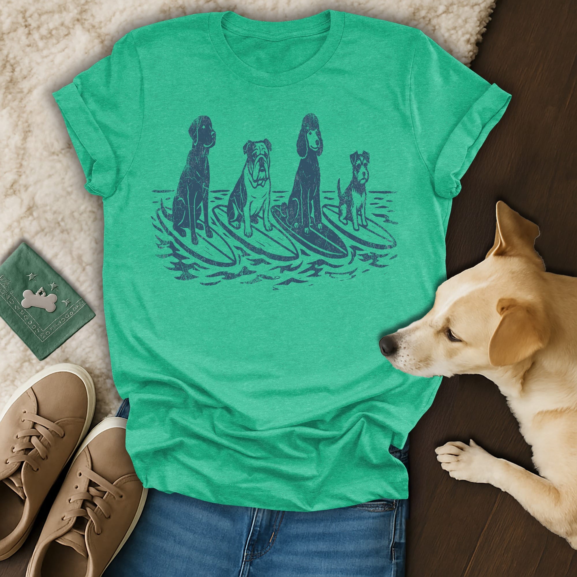 T-shirt featuring four dogs surfing on waves graphic.