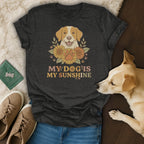 Dark grey t-shirt with a dog graphic and text "My dog is my sunshine".