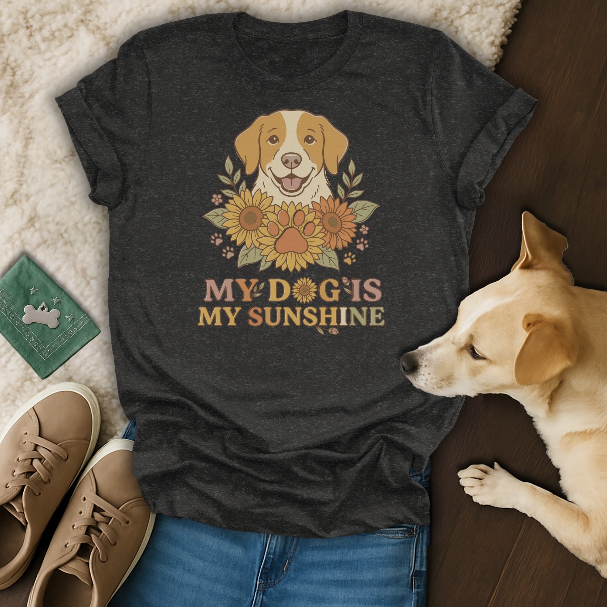 Dark grey t-shirt with a dog graphic and text "My dog is my sunshine".