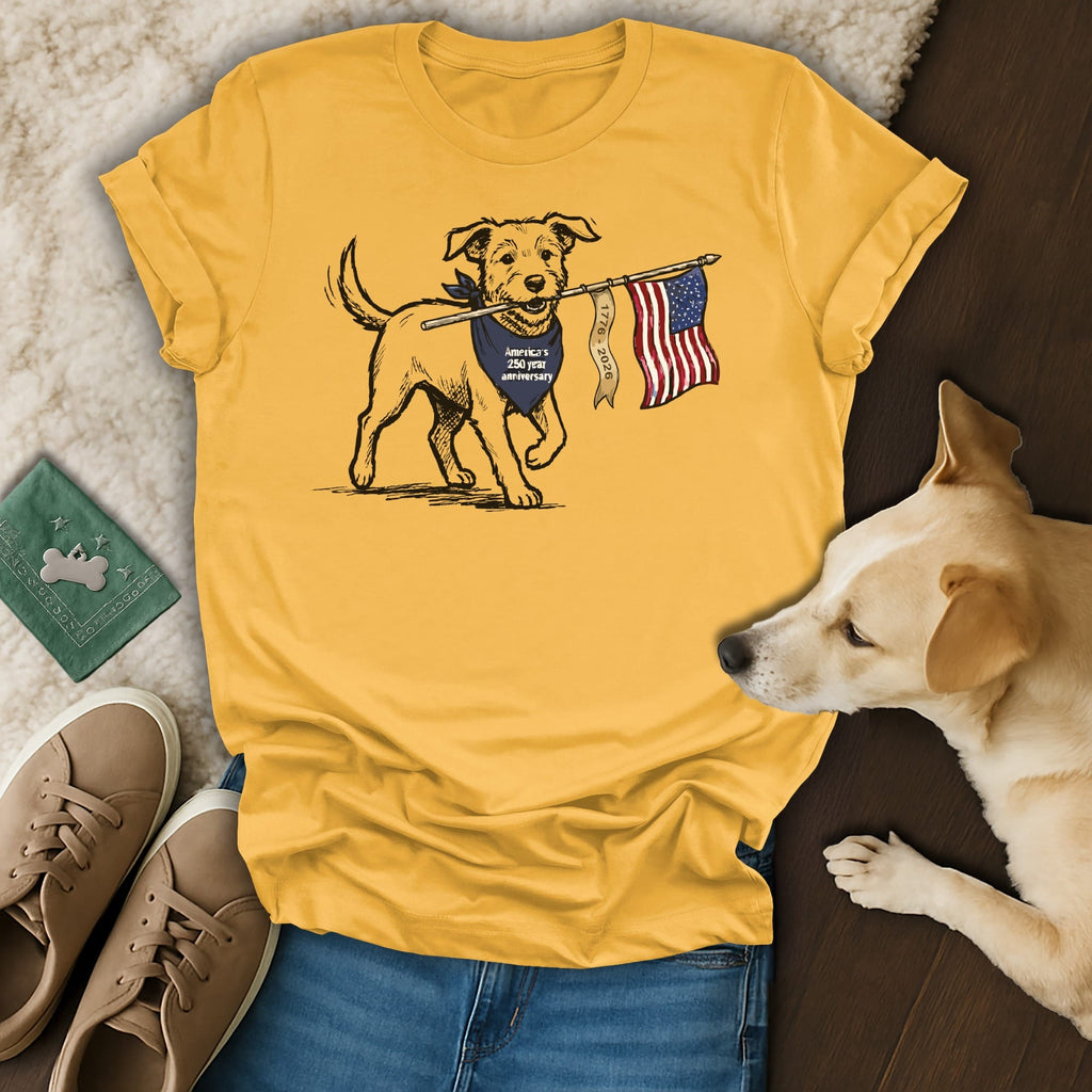 Dog in bandana carrying American flag on t-shirt.
