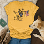 Dog in bandana carrying American flag on t-shirt.