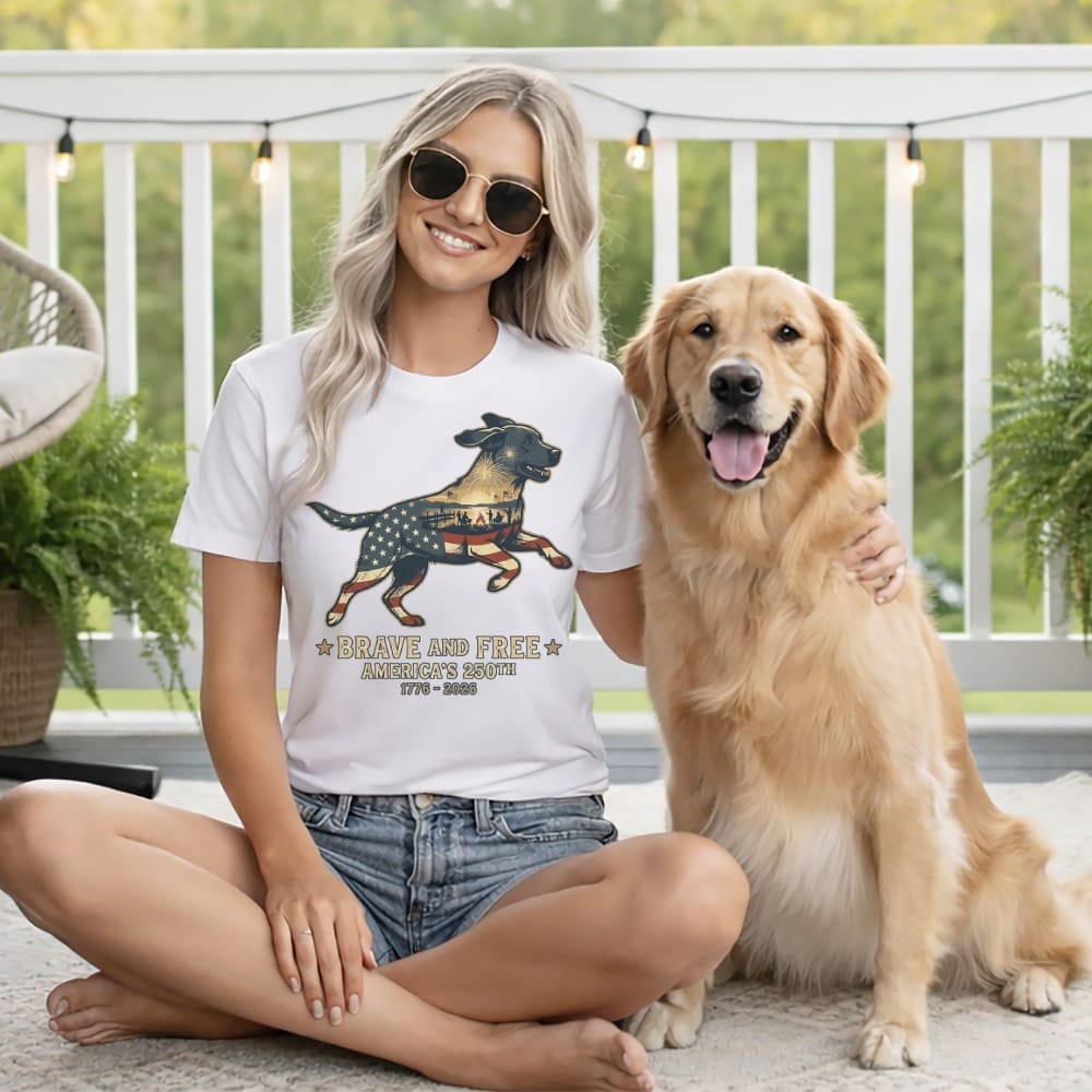 Woman and dog sit on a porch, woman wears a patriotic t-shirt.