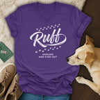 Purple v-neck t-shirt with white "Ruff Around and Find Out" text and paw prints.