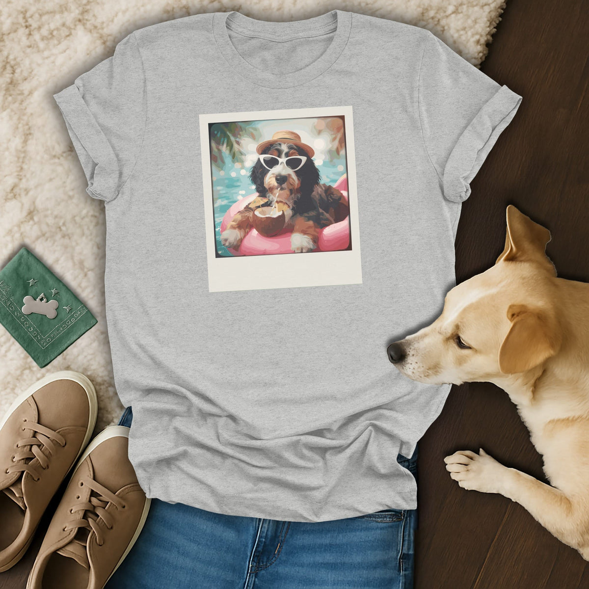 Grey t-shirt with a framed print of a dog on a pink float, wearing a hat and sunglasses.