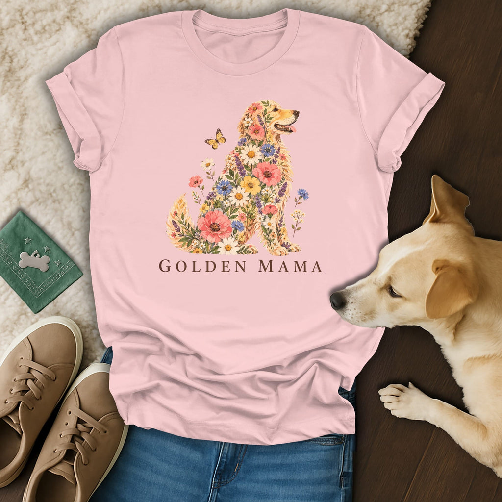 Light pink t-shirt with a floral golden retriever graphic and the text "GOLDEN MAMA".