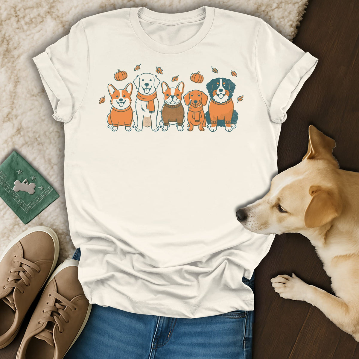 Cream t-shirt with five cartoon dogs, pumpkins, and leaves graphic.