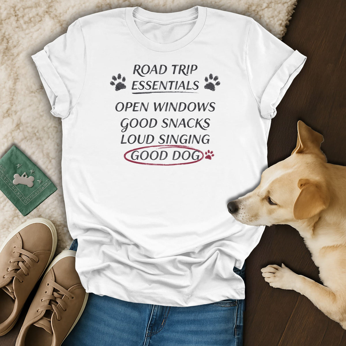 White t-shirt with text "Road Trip Essentials," "Open Windows," "Good Snacks," "Loud Singing," "Good Dog."