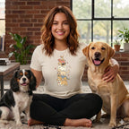 Woman wearing a t-shirt with a stack of cartoon dogs, seated with two dogs.