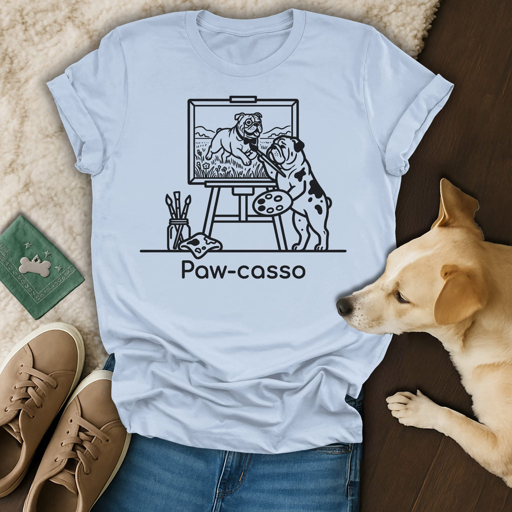 Bulldog painting a landscape on an easel, Paw-casso text.