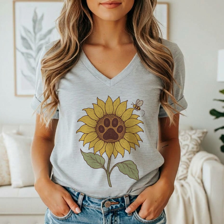 A woman wearing a grey V-neck t-shirt featuring a sunflower graphic with a paw print center and a small bee.