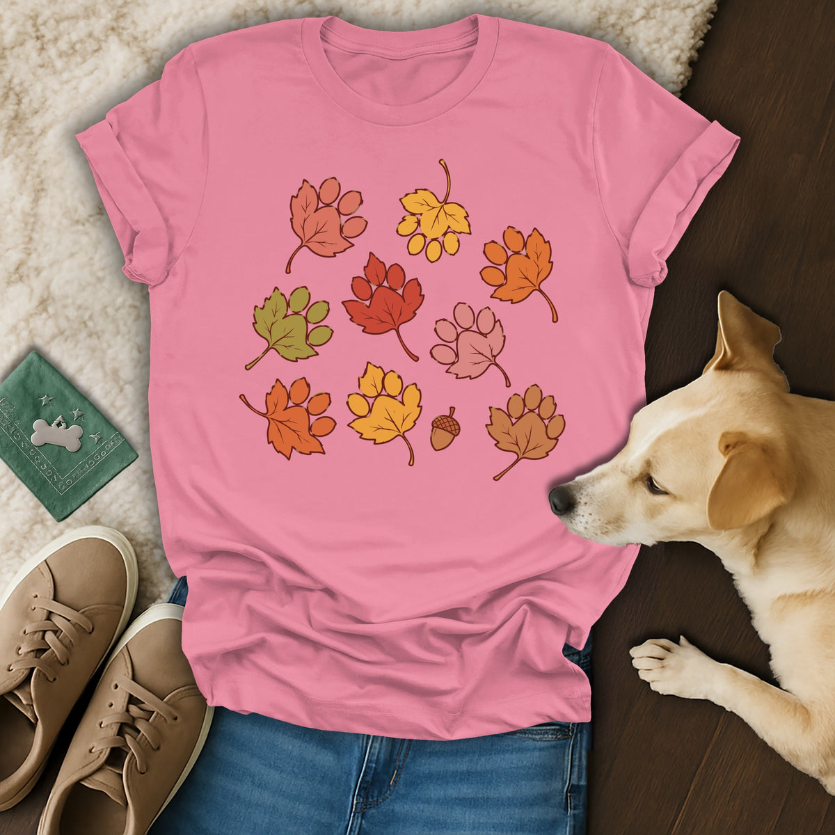 A pink crewneck t-shirt featuring fall-colored leaf-shaped paw prints lies on a wooden surface beside a dog.