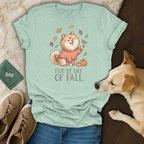 Light green t-shirt with a dog wearing a sweater and text "FUR-ST DAY OF FALL".