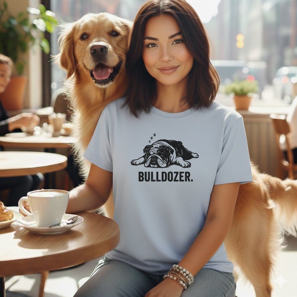 Light blue t-shirt with a sleeping bulldog graphic and the word "BULLDOZER".