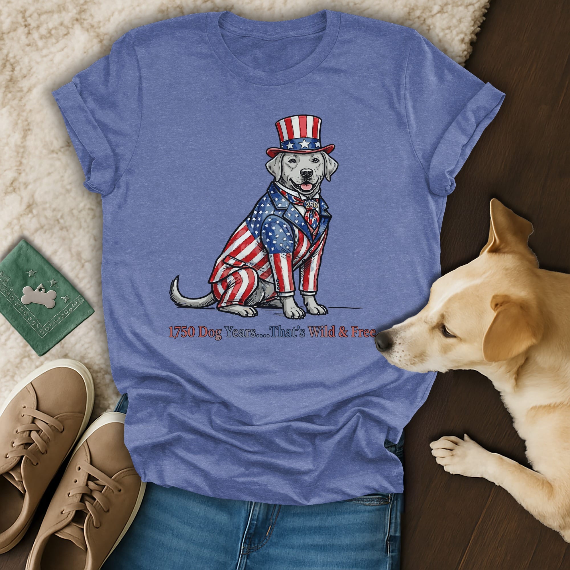 Labrador retriever in patriotic attire with text "1776 Dog Years....That's Wild & Free."