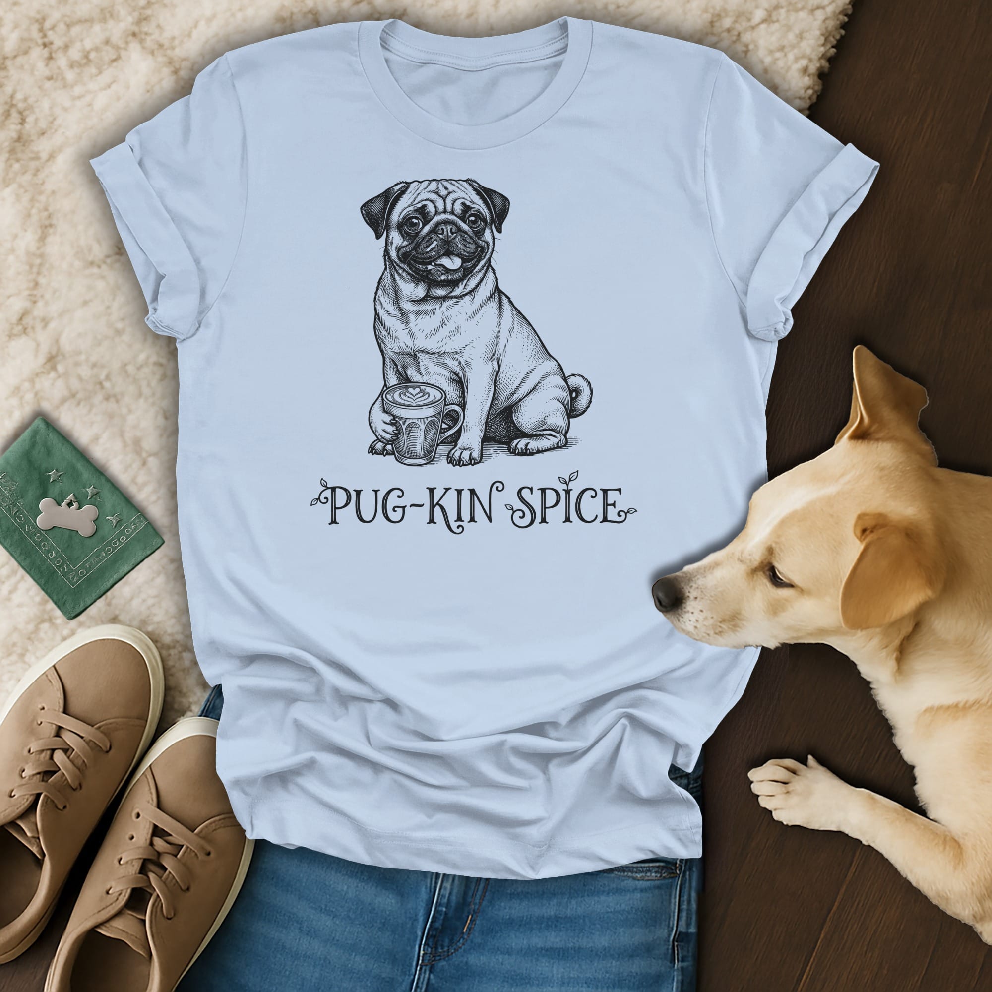 Light blue t-shirt with pug illustration and "Pug-Kin Spice" text.