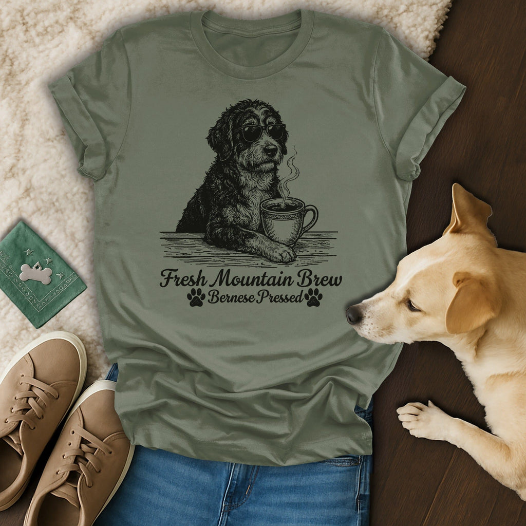Fresh Mountain Brew Bernese Pressed Dog Coffee product type
t-shirt, graphic tee, dog shirt, Bernese dog, coffee shirt, dog lover, coffee lover, Fresh Mountain Brew, Bernese Pressed, funny dog, sunglasses dog, paw prints, pet lover, animal graphic, olive green, unique design, cool dog, brew coffee, mountain theme, casual wear