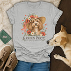 Heather gray t-shirt featuring a doodle dog in a flower-adorned hat and the text Garden Party Guest of Honor.