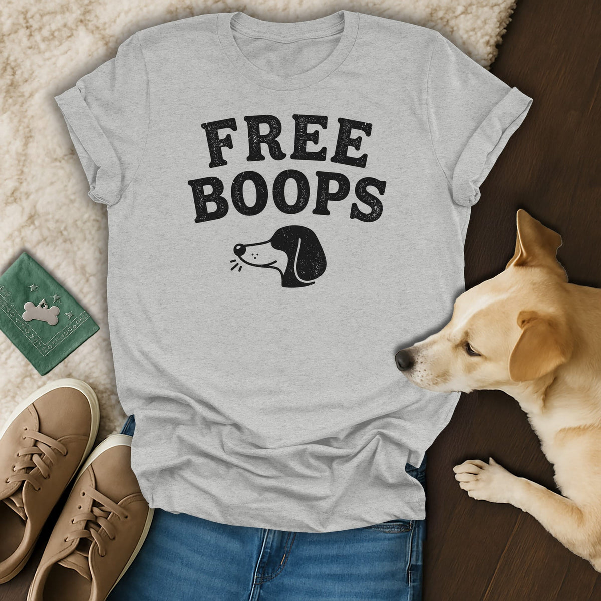 Grey t-shirt with "FREE BOOPS" text and a dog illustration, with a dog nearby.