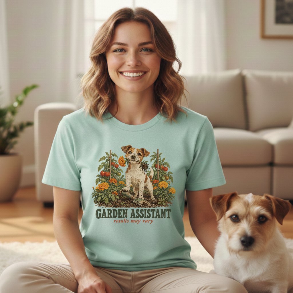 A smiling woman wearing a mint green t-shirt with a dog and garden graphic, sitting with a real Jack Russell terrier.