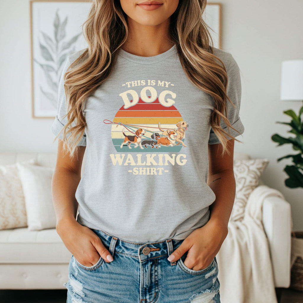 Grey t-shirt with vintage dogs walking graphic and text "This is My Dog Walking Shirt".