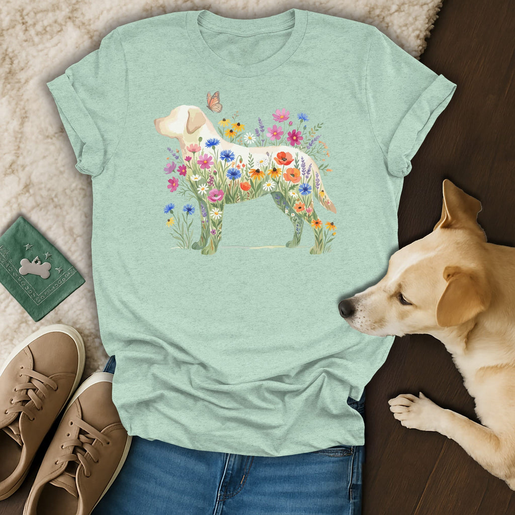 Light green t-shirt featuring a cream Labrador filled with colorful wildflowers and a butterfly.