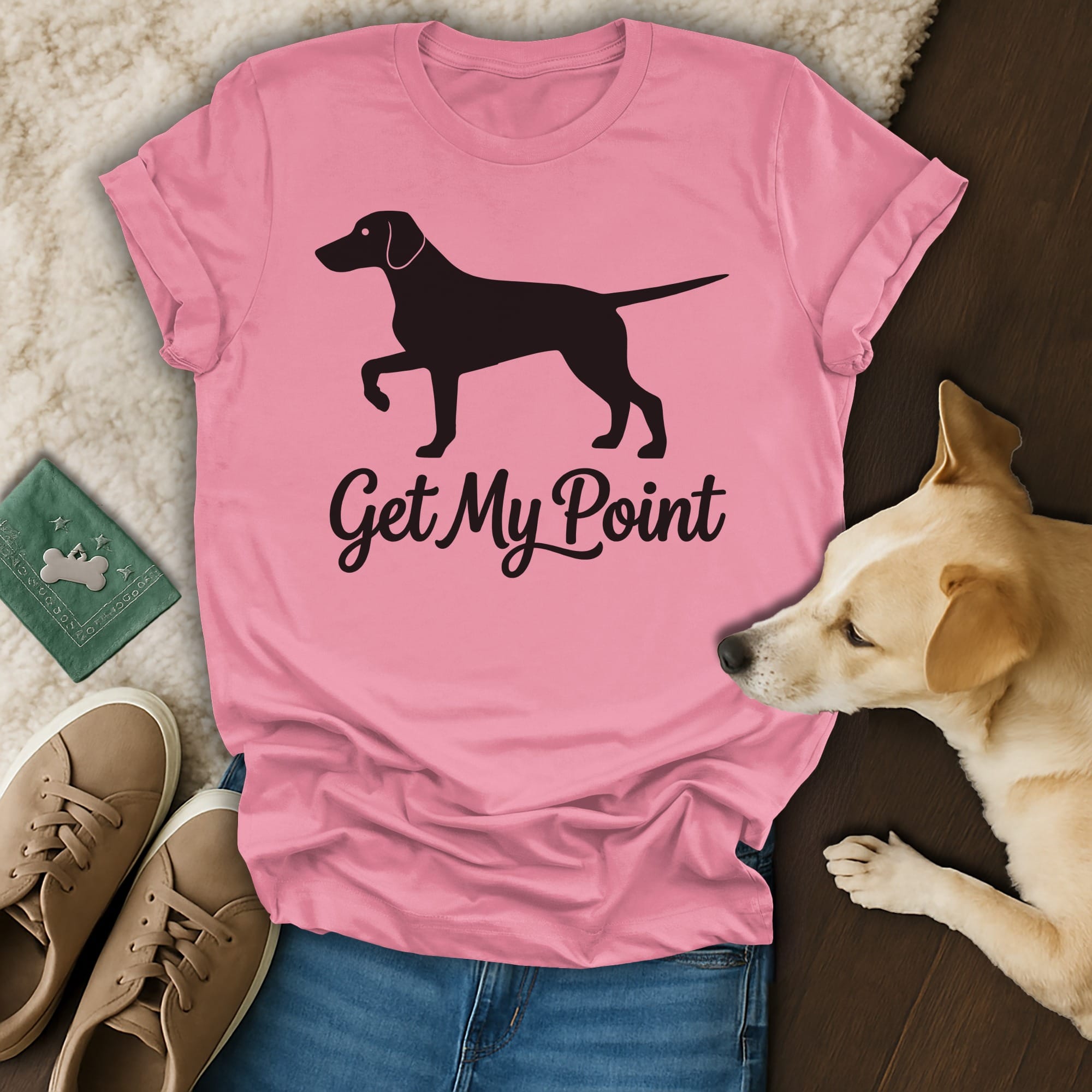 Pink t-shirt with black dog silhouette and text "Get My Point".