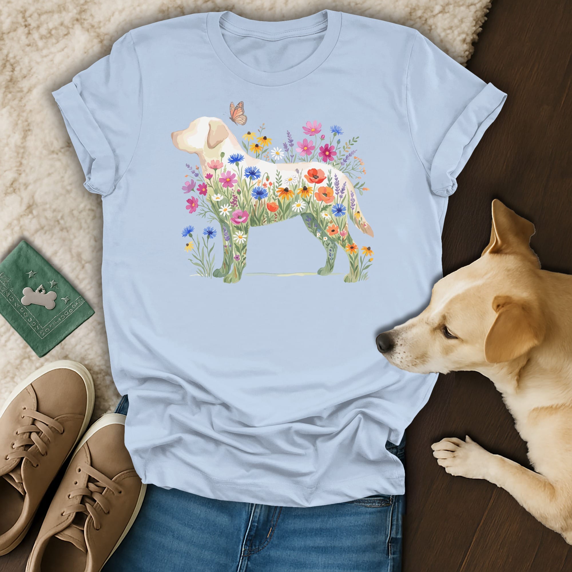 Light blue t-shirt with a yellow labrador silhouette filled with colorful wildflowers and a butterfly.