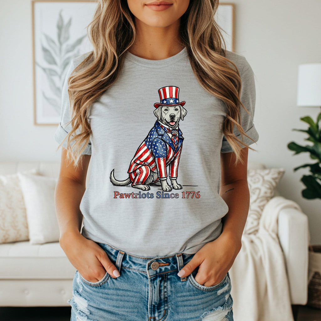 Labrador wearing a patriotic suit and hat, "Pawtriots Since 1776".