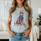 Labrador wearing a patriotic suit and hat, "Pawtriots Since 1776".