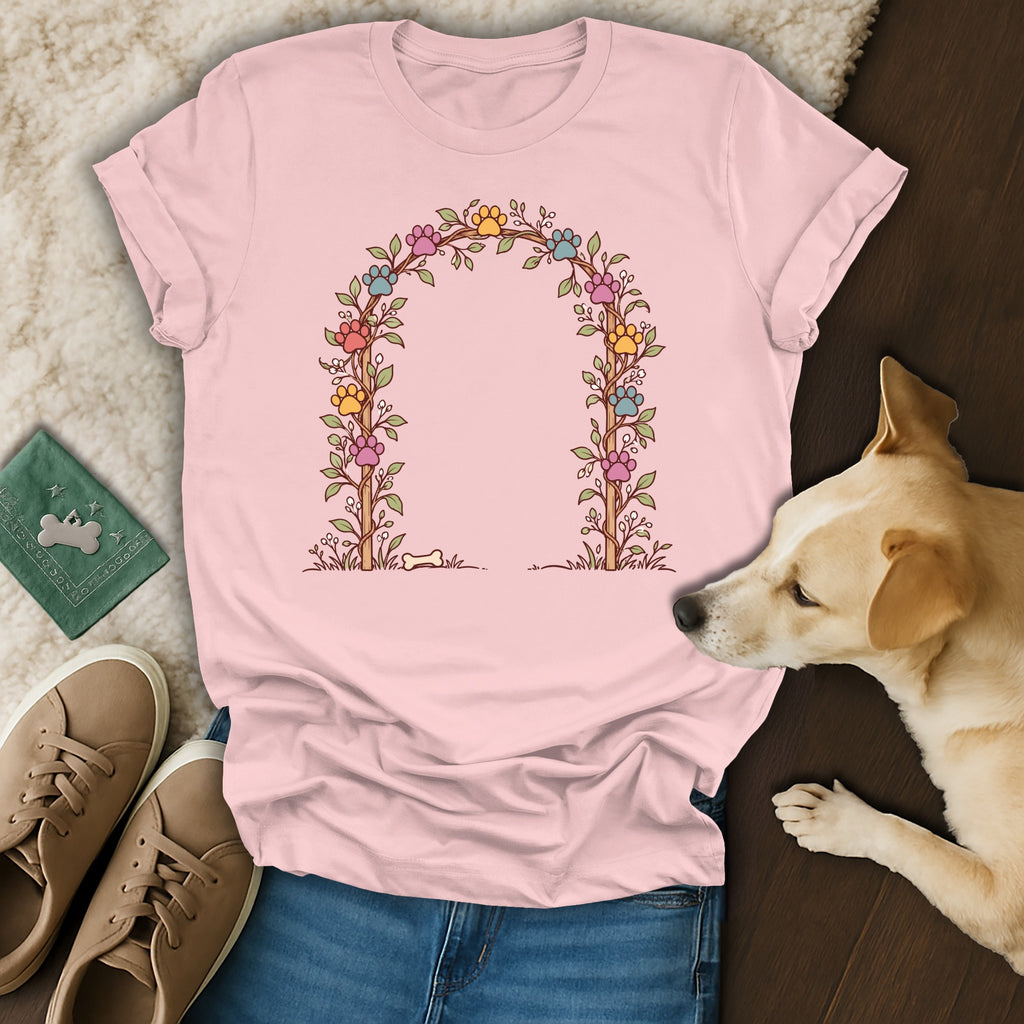 Pink t-shirt with a floral paw print arch design, laid out with jeans, sneakers, and a dog.