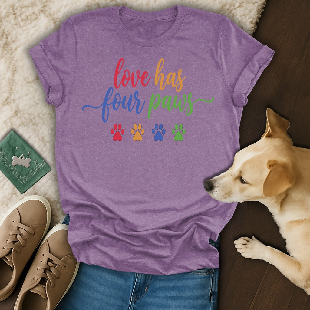 Purple t-shirt with "love has four paws" and paw prints in rainbow colors.