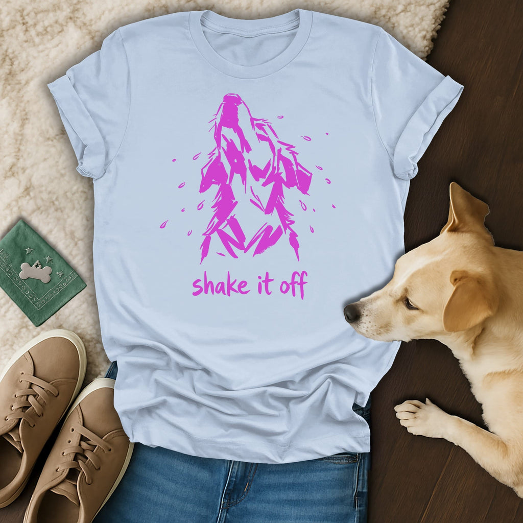 Light blue t-shirt with pink wolf graphic and "shake it off" text.